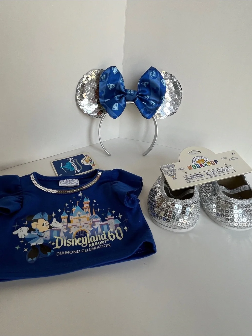 Set of Build-A-Bear Workshop blue Silver Sequin top, headband shoes accessories